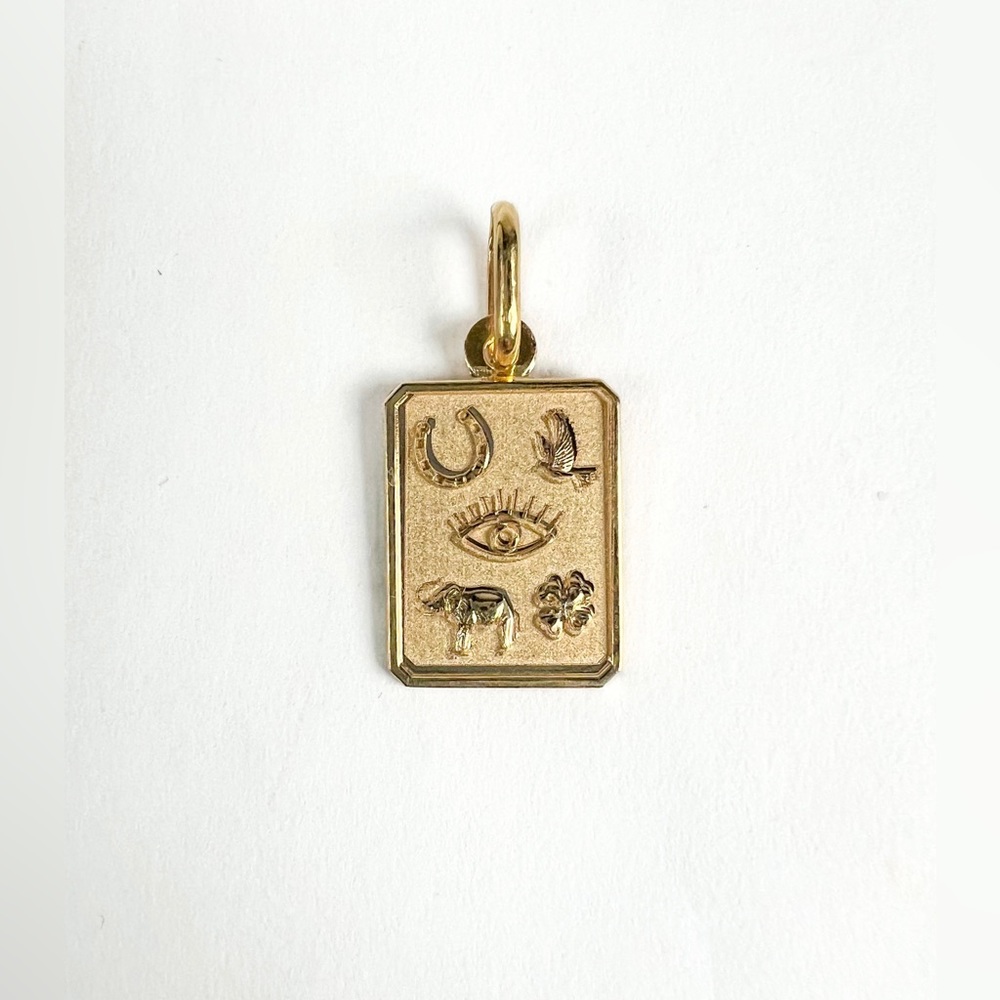 Lucky Symbols Dog Tag Charm Pendant 14K Yellow Gold